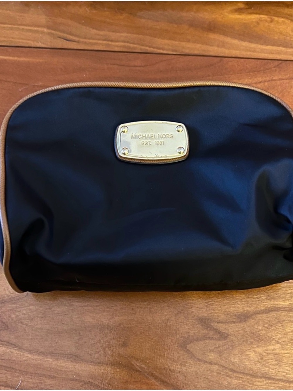 Michael Kors Black Nylon Cosmetic Pouch with Brown Trim and Gold Plaque